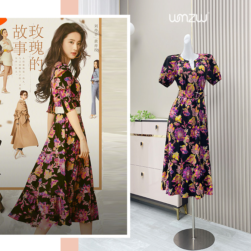 玫瑰的故事刘亦菲同款复古减龄灯笼袖大花朵印花短袖收腰连衣裙女