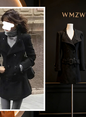 ranran明星同款黑色修身毛呢外套可拆卸下摆设计加厚呢子大衣女