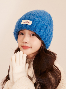 加厚蓝色显白针织帽子女生冬季防寒保暖羊羔套头帽时尚布标毛线帽
