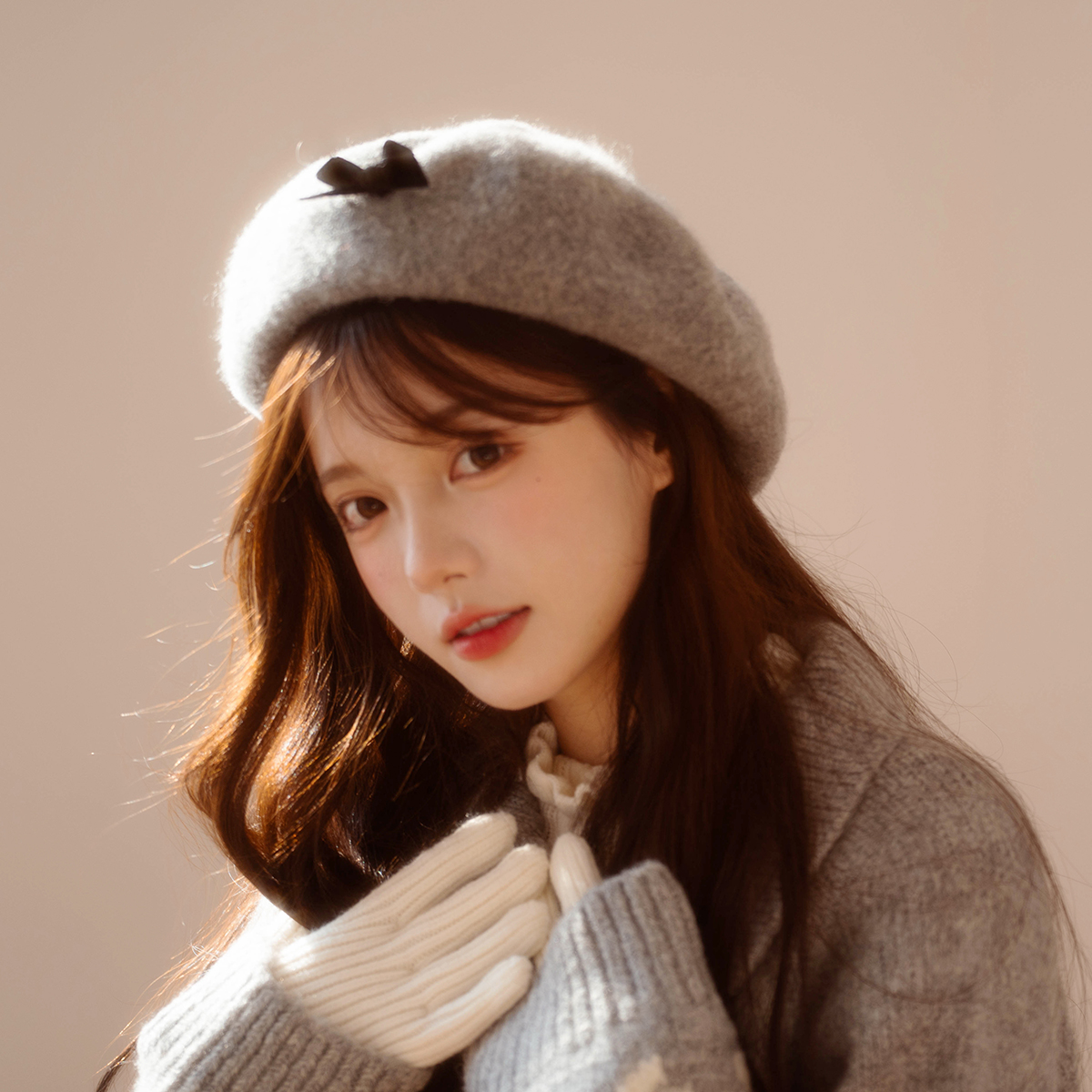 韩版纯羊毛贝雷帽女生文艺甜美蝴蝶结画家帽秋冬大帽顶毛呢蓓蕾帽