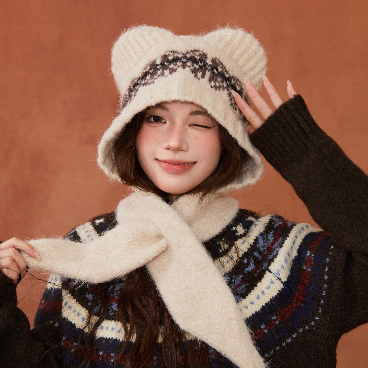 冬季可爱小熊套头帽韩版帽子围脖一体交叉式针织围巾女提花毛线帽,服饰配件/皮带/帽子/围巾,帽子,淘宝优惠券,粉丝福利购,淘宝优惠卷