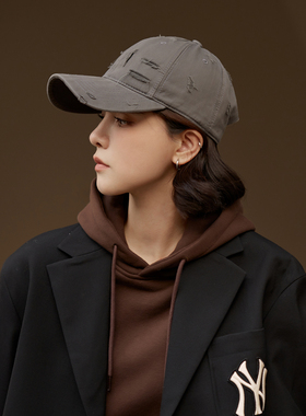潮牌破洞纯色棒球帽女生时尚街拍软顶帽子高级感灰色宽檐鸭舌帽男
