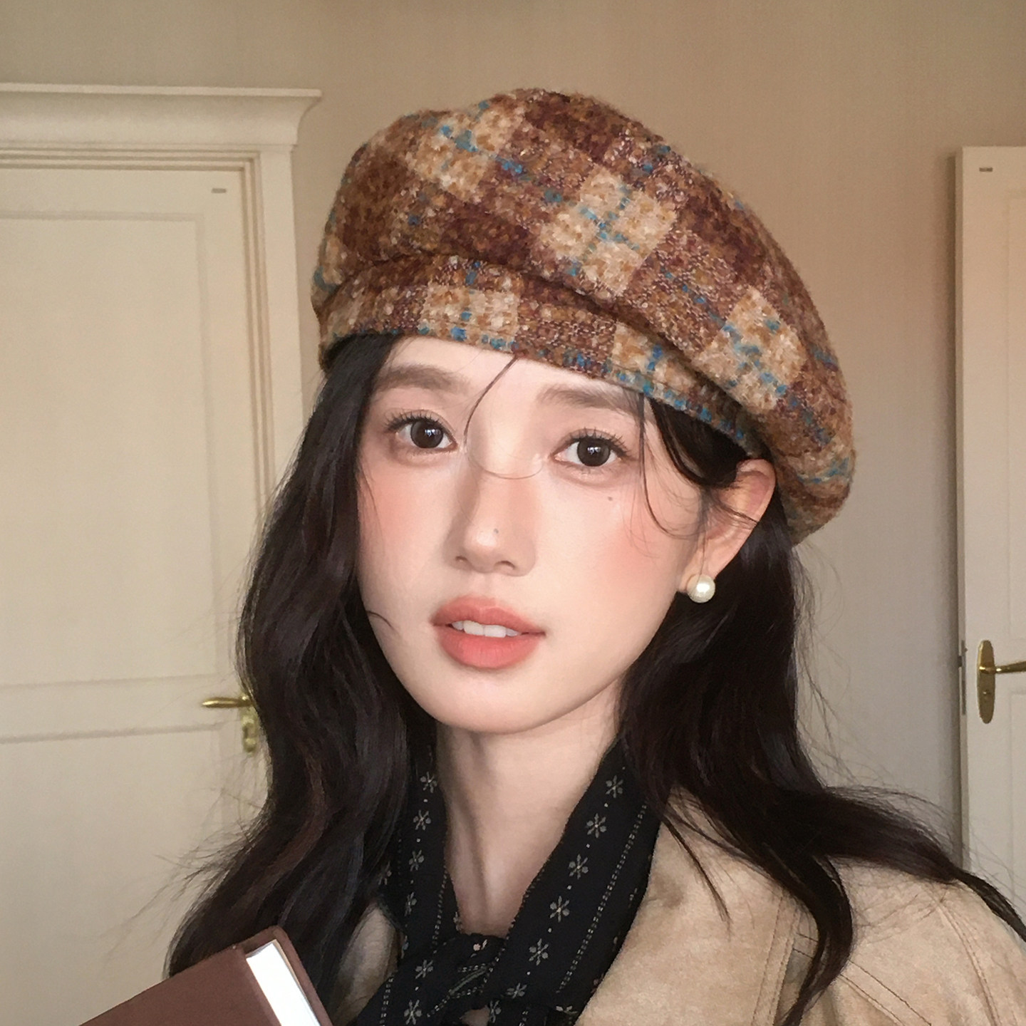 秋冬咖啡色格纹贝雷帽日系显瘦报童帽大帽顶南瓜帽文艺百搭画家帽