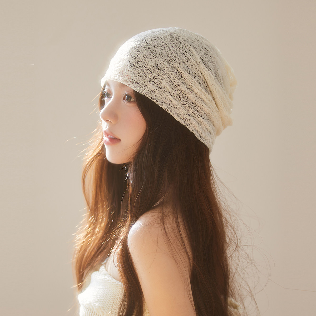 夏季薄款纯色堆堆帽女生透气网纱宽松套头帽时尚慵懒风包头帽发带