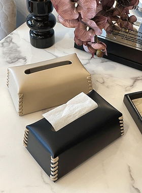 高级感黑色皮革编织纸巾盒客厅轻奢高档抽纸盒餐桌摆件台面收纳盒