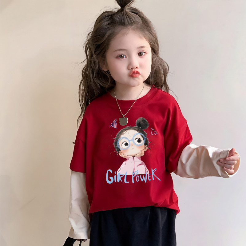 女童假两件长袖t恤春装2026新款洋气纯棉儿童撞色卡通小女孩上衣T