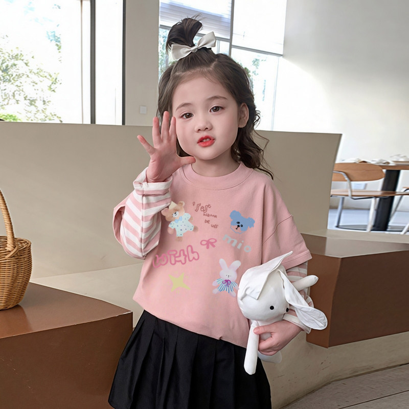 纯棉女童t恤长袖2026款洋气韩版休闲女宝宝早春上衣卡通小熊童装