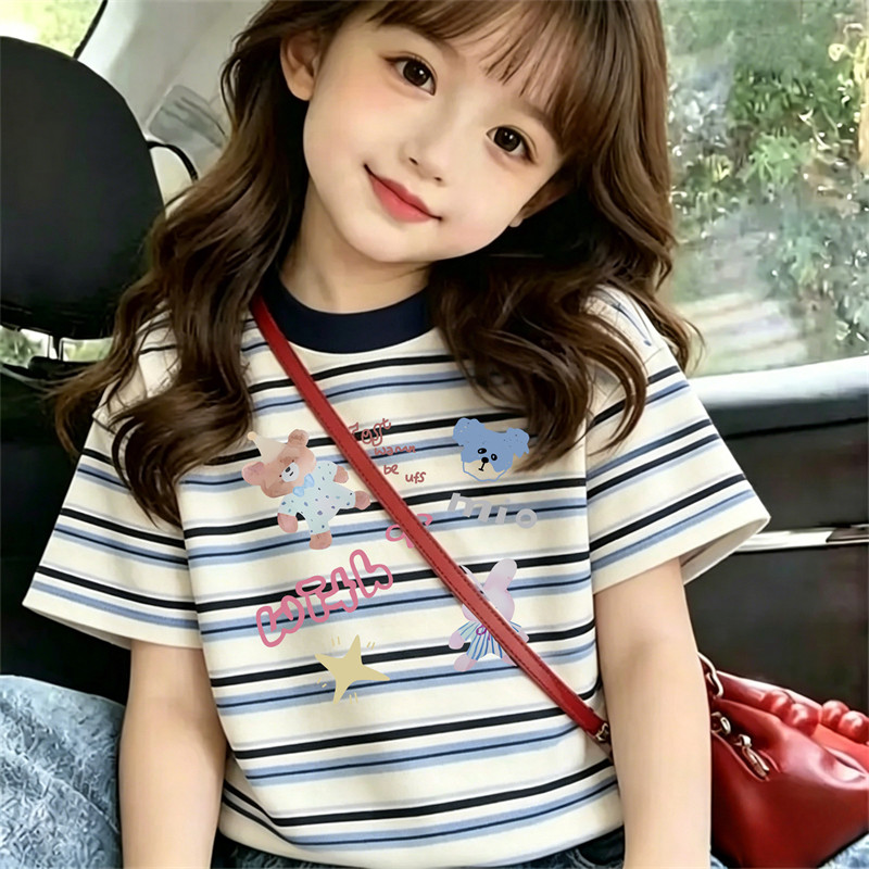 女童短袖T恤2026超火女孩半袖条纹上衣卡通独特漂亮宝宝夏天衣服