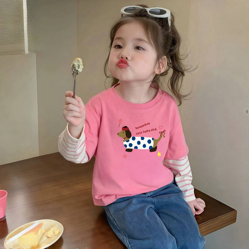 卡通纯棉儿童长袖t恤女童独特超好看上衣洋气宝宝假两件打底衫秋T