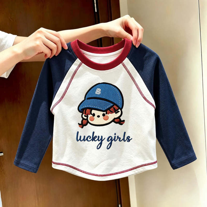 女童纯棉长袖t恤插肩袖修身短款