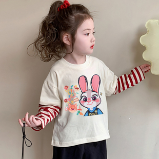 女童春季长袖t恤纯棉儿童白色打底衫韩版卡通兔子宝宝假两件上衣T