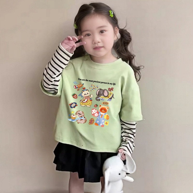 女童t恤长袖洋气韩版纯棉儿童条纹假两件打底衫宝宝卡通可爱上衣