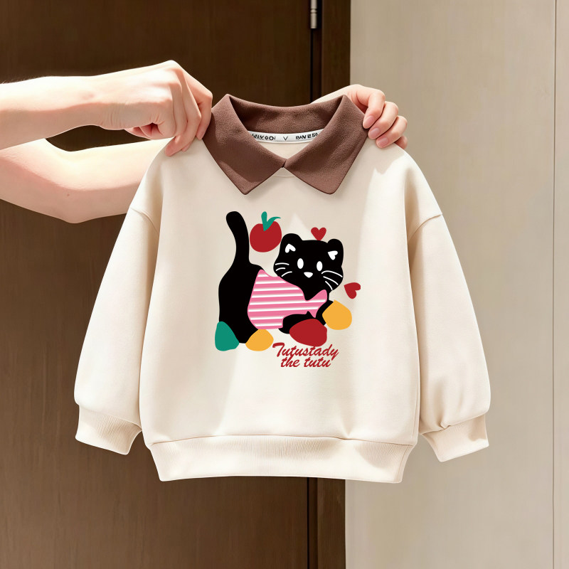 儿童polo领卫衣秋冬装2026新款女童可爱猫咪印花韩版洋气翻领上衣