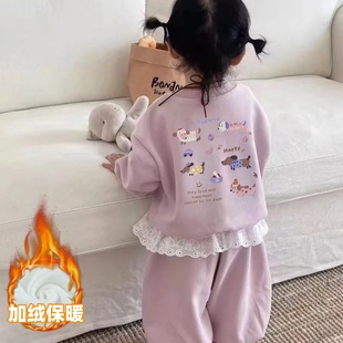 女童卫衣秋冬加绒套装卡通洋气女孩超好看休闲运动两件套儿童衣服
