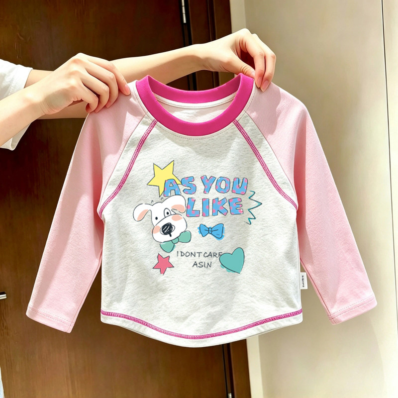 女童长袖t恤2026新款春秋季纯棉洋气儿童拼接卡通小女孩修身上衣