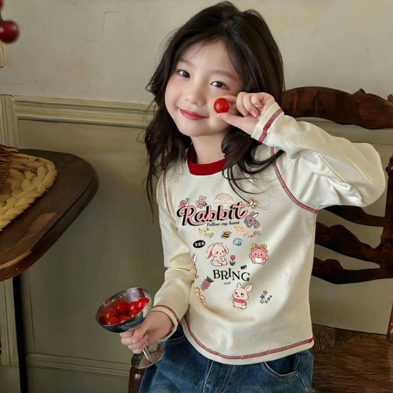 女童长袖t恤儿童打底衫2026春装新款纯棉撞色洋气宝宝库洛米上衣