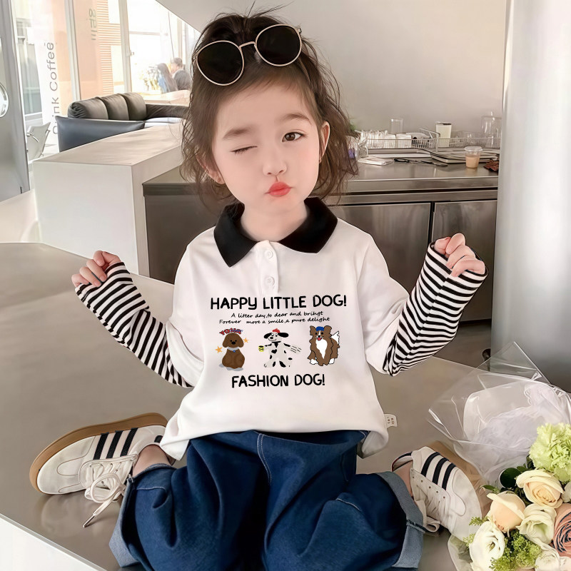 女童纯棉长袖polo衫翻领t恤春秋卡通小狗印花宝宝条纹假两件上衣T