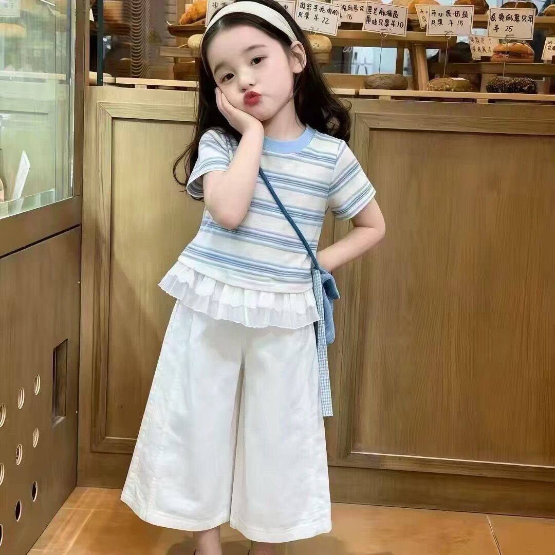 儿童短袖套装女童韩系穿搭条纹衫九分裤两件套小女孩独特漂亮夏装