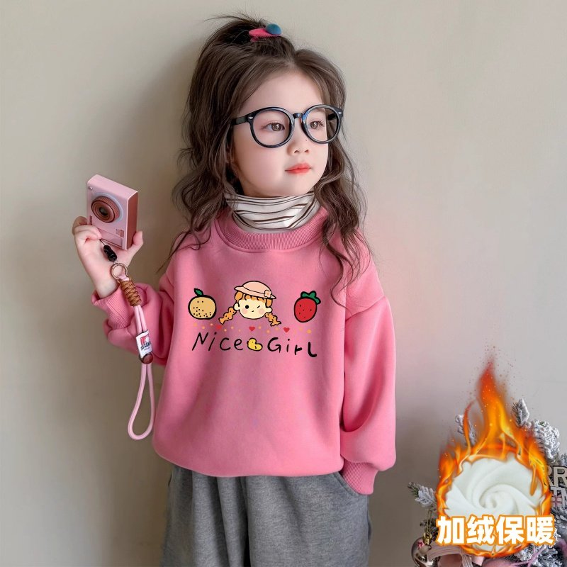 女童卫衣秋冬装加绒假两件上衣韩系甜美宝宝卡通小女孩高领打底衫