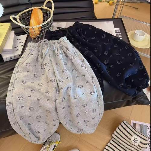 女童秋冬裤子2025新款儿童加绒一体绒卫裤卡通凯蒂猫女宝宝束脚裤