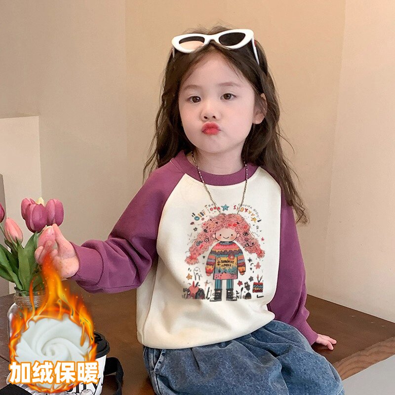 儿童加绒卫衣女童秋冬季2025新款洋气时髦卡通撞色女孩一体绒上衣