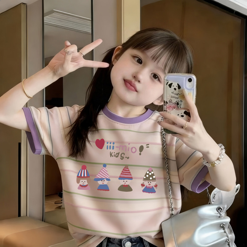 女童条纹短袖t恤卡通小女孩上衣