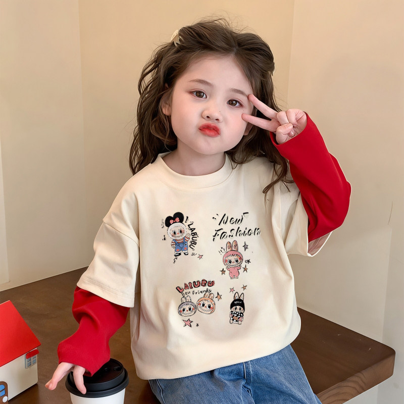 女童长袖t恤2026新款纯棉儿童春秋装卡通女孩宝宝洋气假两件上衣