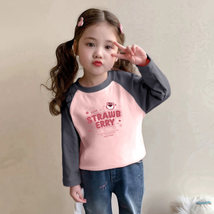 草莓熊儿童长袖t恤女童韩系甜美插肩袖打底衫女宝宝纯棉秋装上衣T