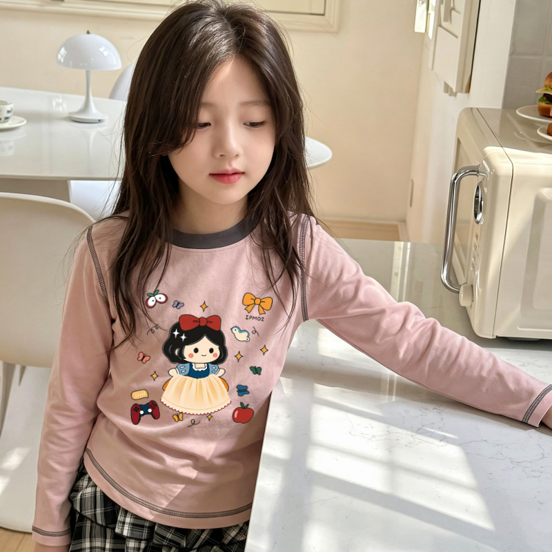 女童长袖t恤春秋2026新款洋气时髦小女孩上衣卡通宝宝撞色打底衫T