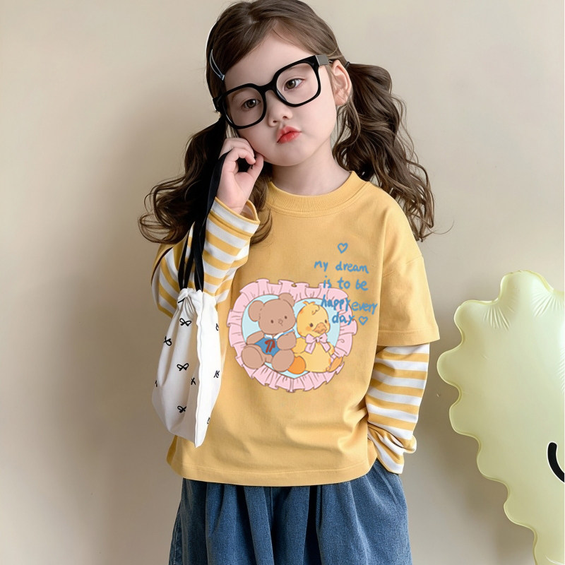 女童条纹假两件t恤长袖春秋韩版卡通印花女孩宝宝纯棉春秋装上衣T