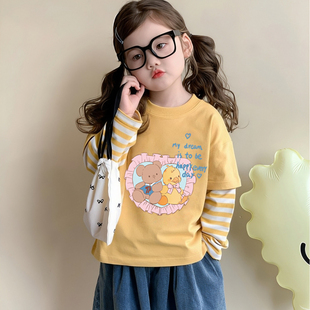 女童条纹假两件t恤长袖春秋韩版卡通印花女孩宝宝纯棉春秋装上衣T