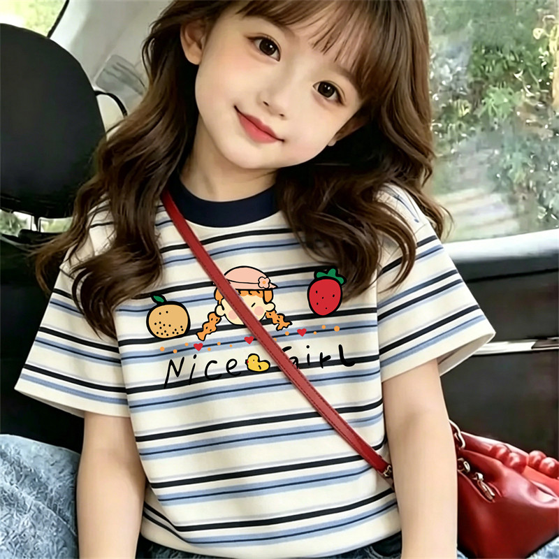 宝宝夏季短袖t恤儿童条纹半袖卡通印花小女孩透气圆领女童夏上衣T