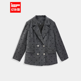 韩版 IEF 学院风印花西装 新款 双排扣翻领女外套 爱依服2025冬季