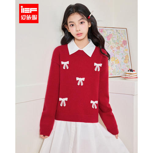 IEF/爱依服2026冬季新款女童学院风翻领蝴蝶结少女甜美风毛织上衣