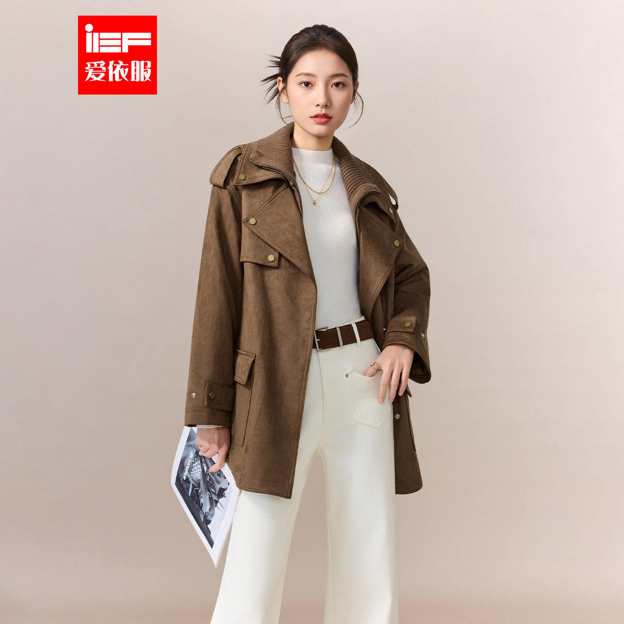 IEF/爱依服2025冬季新款磨砂皮中外套复古风女皮衣外套翻领风衣,女装/女士精品,皮衣,淘宝优惠券,粉丝福利购,淘宝优惠卷