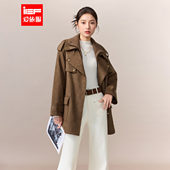 新款 IEF 爱依服2025冬季 磨砂皮中外套复古风女皮衣外套翻领风衣