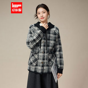 IEF/爱依服2025冬季韩版复古格子连帽毛衣女宽松加厚保暖针织衫