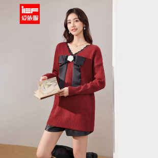 法式 新款 甜美温柔风宽松百搭蝴蝶结毛织中上衣 爱依服2025冬季 IEF