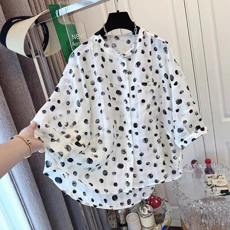 波点五分袖衬衫女2025夏季新款大码宽松中袖圆领单口袋娃娃衫上衣
