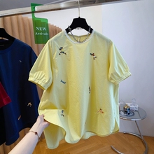 2025新款夏黄色圆领套头棉衬衫女短袖宽松显瘦泡泡袖外穿刺绣上衣