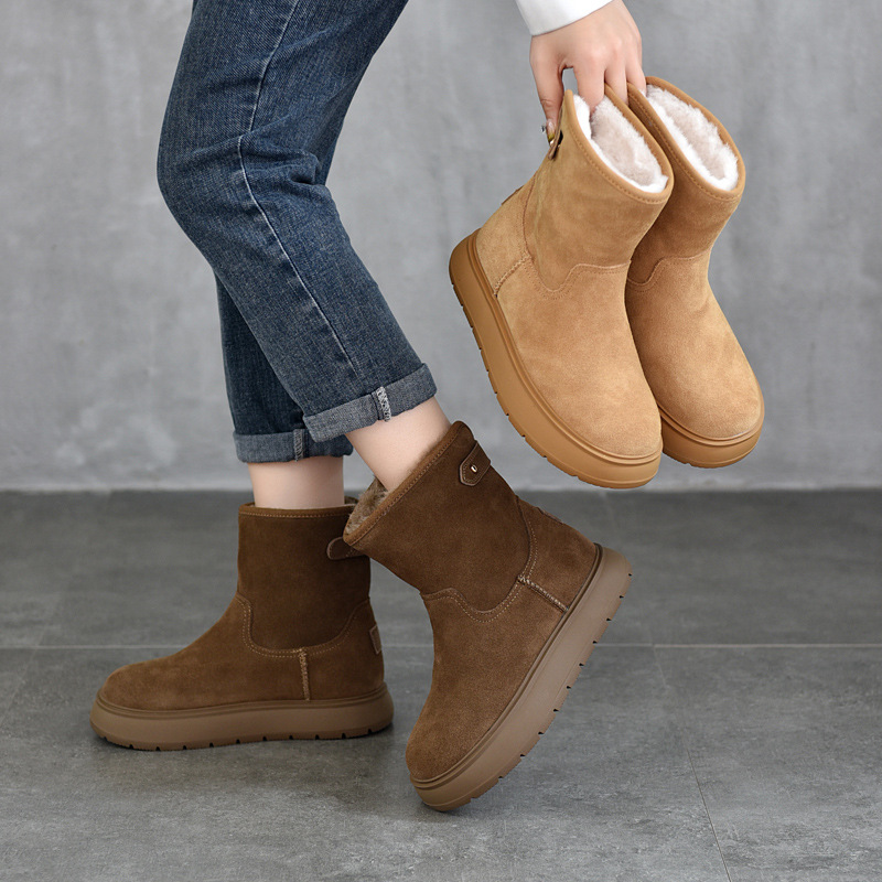 冬季保暖加厚棉鞋厚底真皮雪地靴女式短靴2 牛皮加绒棉靴