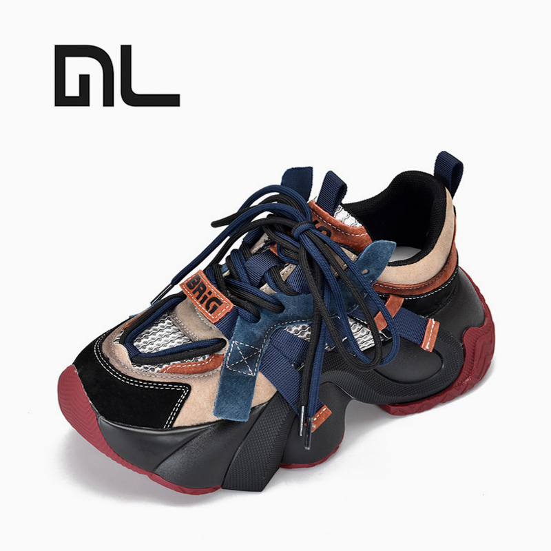 2025春秋新款真皮厚底老爹鞋