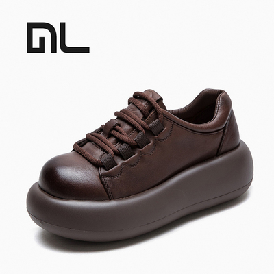 头层牛皮休闲单鞋女款厚底松糕鞋