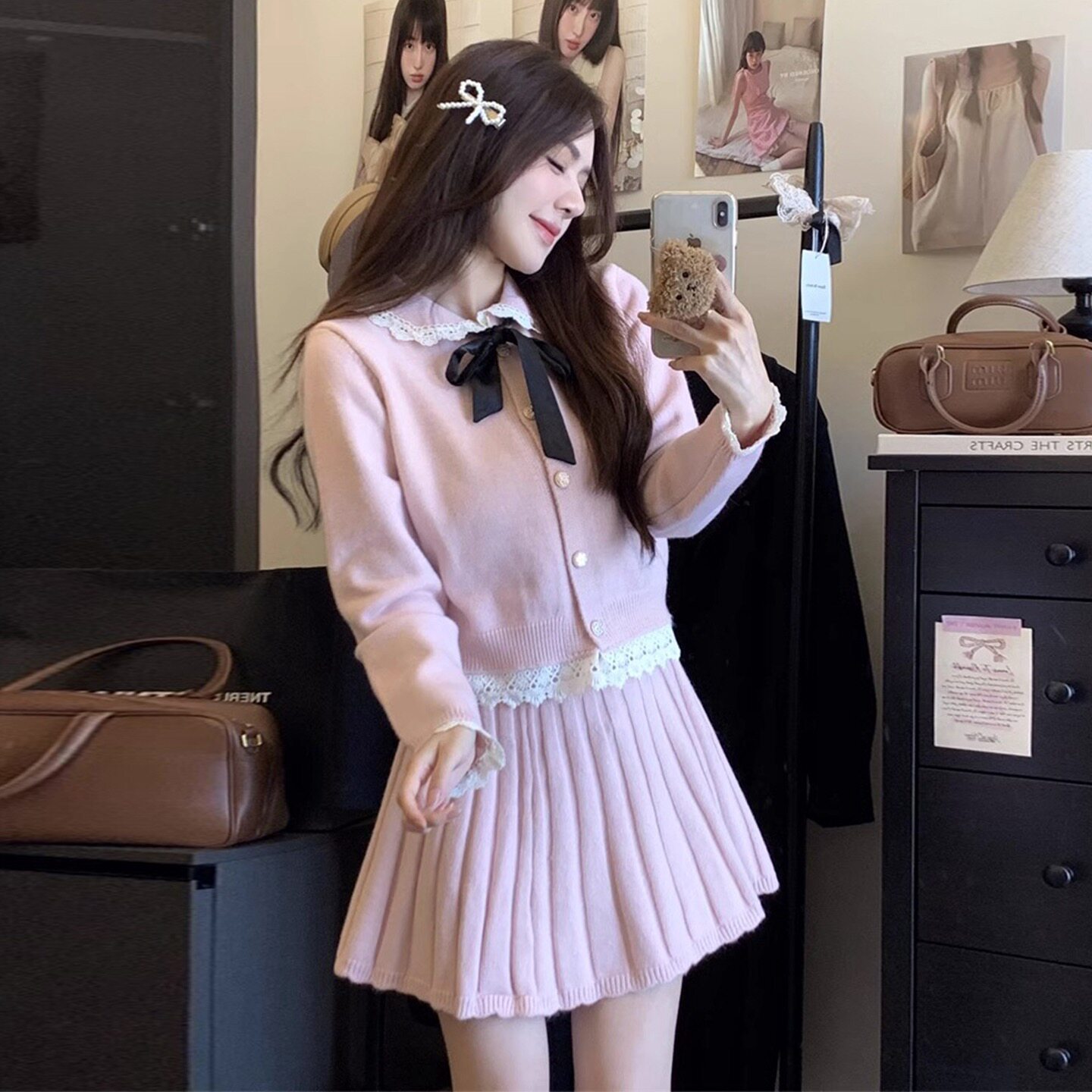 小个子香风粉色蕾丝针织毛衣连衣裙女秋冬季2026新款韩系绝美套装