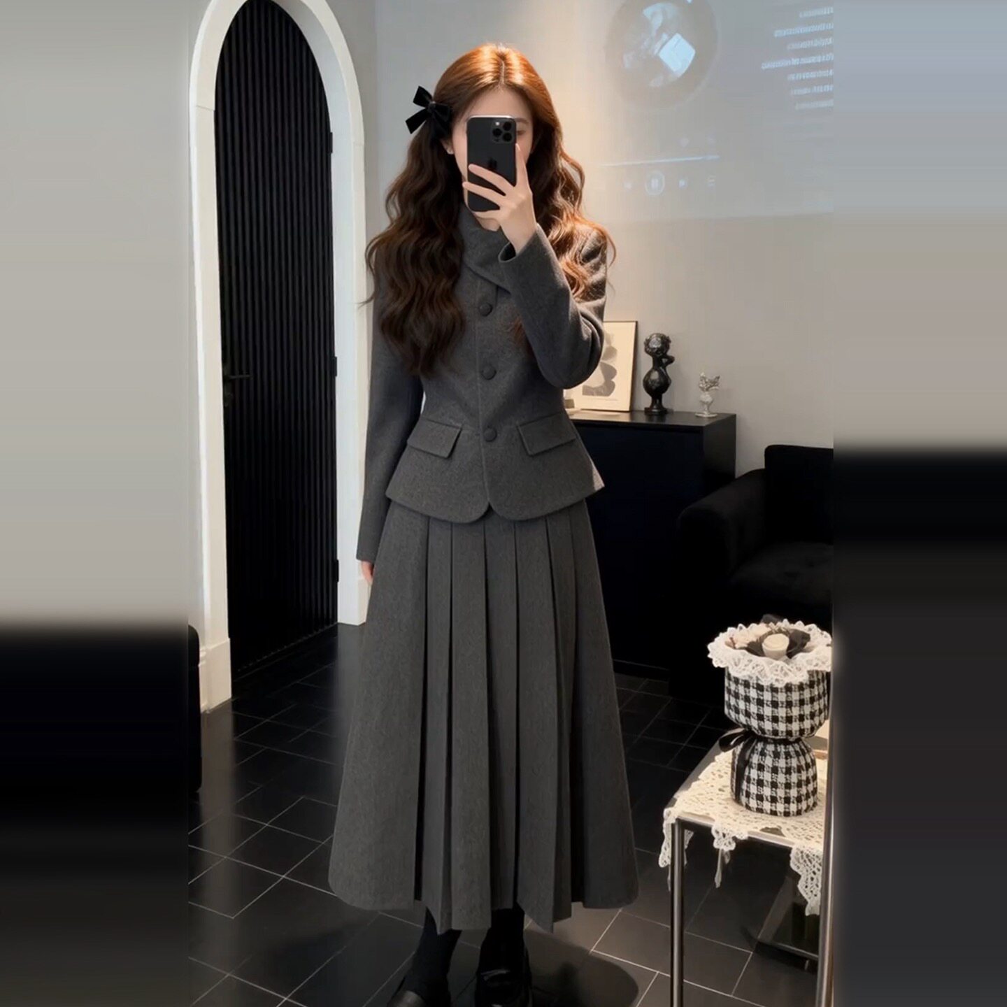 2026新款韩系灰色西装连衣裙子女秋冬高级感穿搭收腰气质长裙套装
