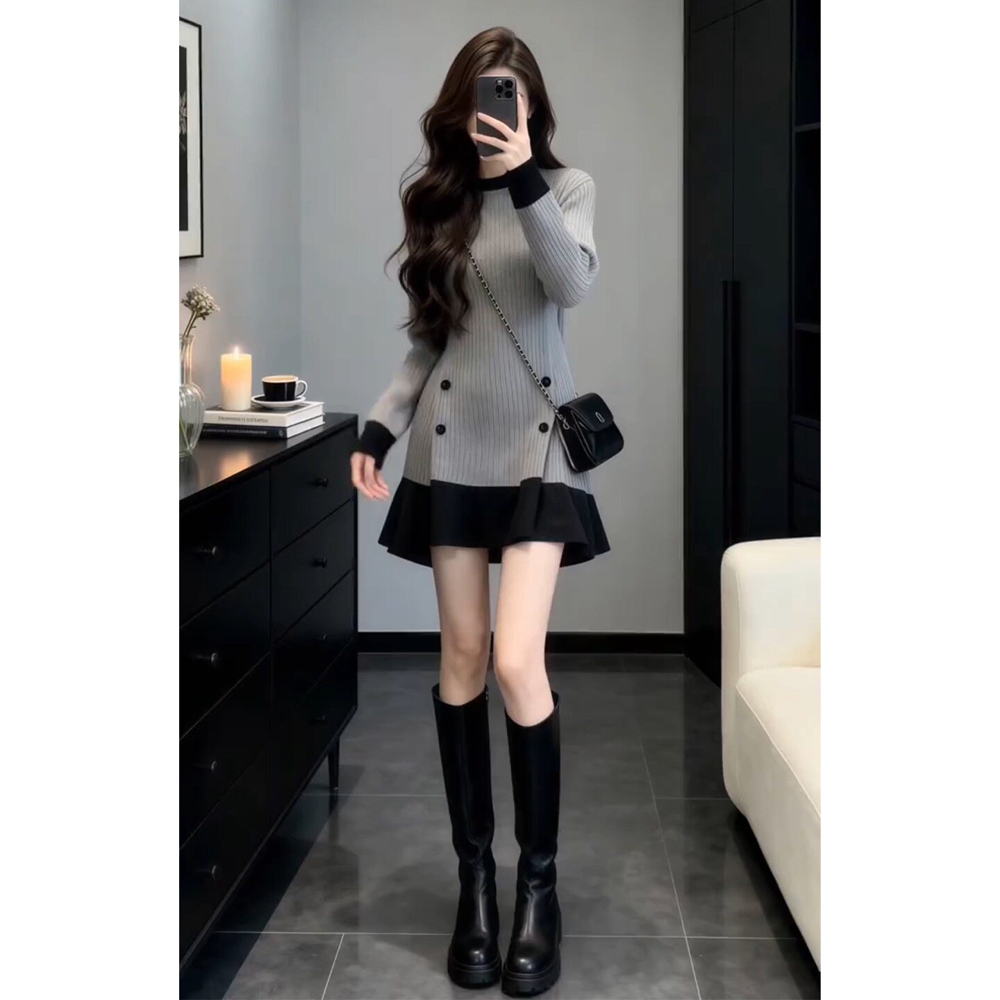 春季超好看小香风灰色针织连衣裙子女冬2026年新款高级感气质短裙