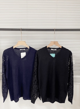 G124 黑色V领蕾丝袖休闲针织衫
