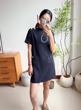 Z-5 立体裁剪显瘦藏蓝色梭织连衣裙