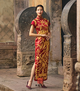 藤薰定制手工出品 刺绣 龙凤呈祥收藏级古法旗袍 敬酒服