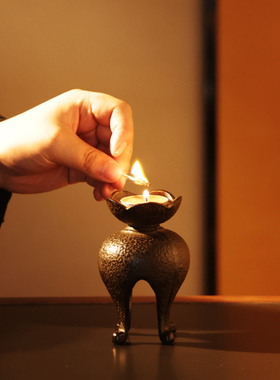 复古烛台铸铁茶室专用摆件中式禅意茶道灯家用高级感装饰蜡烛底座